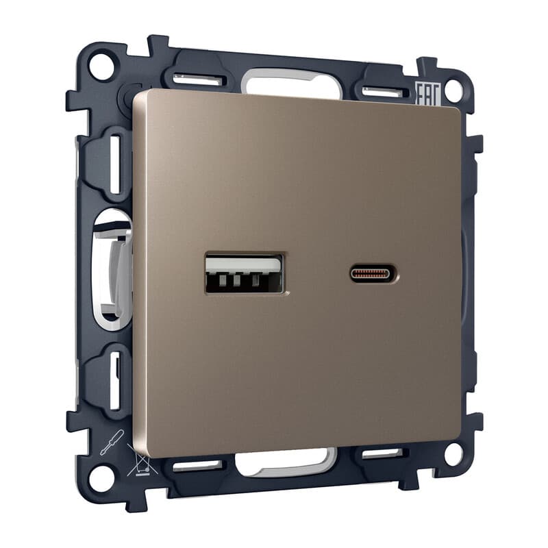 Комплект механизма розетки ALFA Темная бронза матовый 2USB A+C 20W (быстрая зарядка) QUANT (AP6410, VM177)