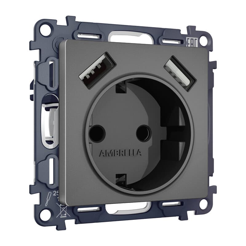 Комплект механизма электрической розетки ALFA Антрацит серый 2USB A+A 18W (быстрая зарядка) с/з QUANT (AP6590, VM155)