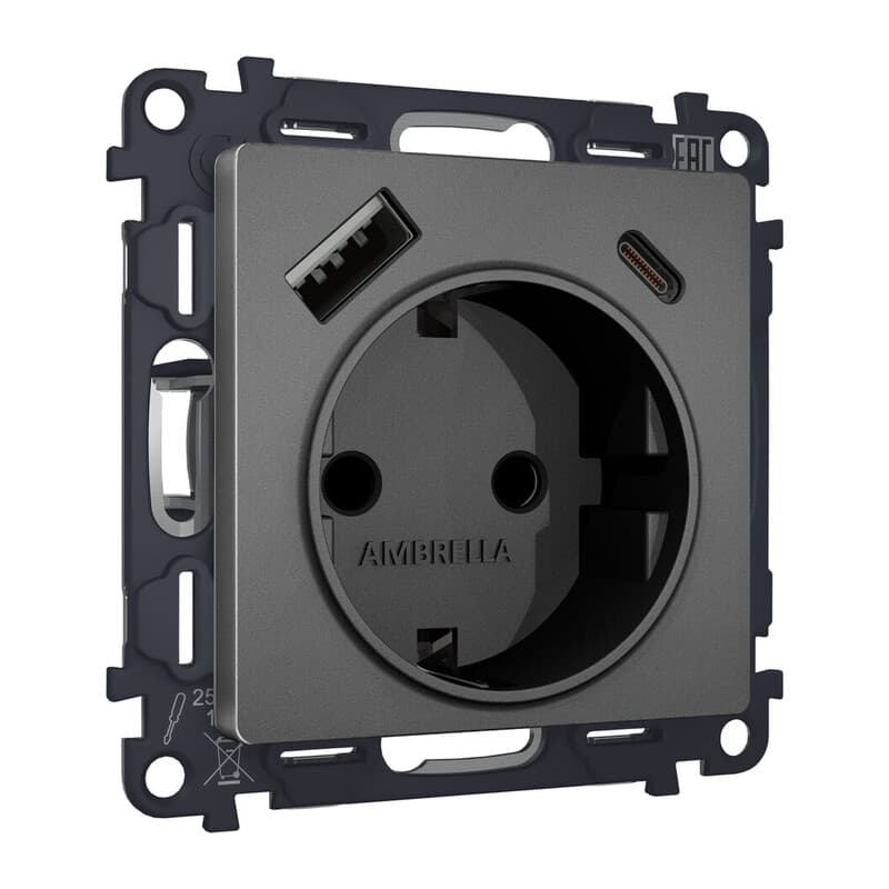 Комплект механизма электрической розетки ALFA Антрацит серый 2USB A+C 20W (быстрая зарядка) с/з QUANT (AP6600, VM160)