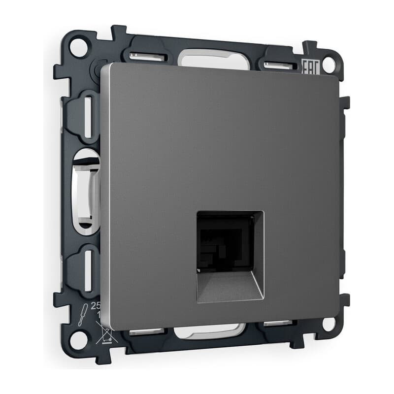 Комплект механизма компьютерной розетки RJ-45 экранированной с автоматической защитной шторкой ALFA Антрацит серый QUANT (AP6620, VM185)
