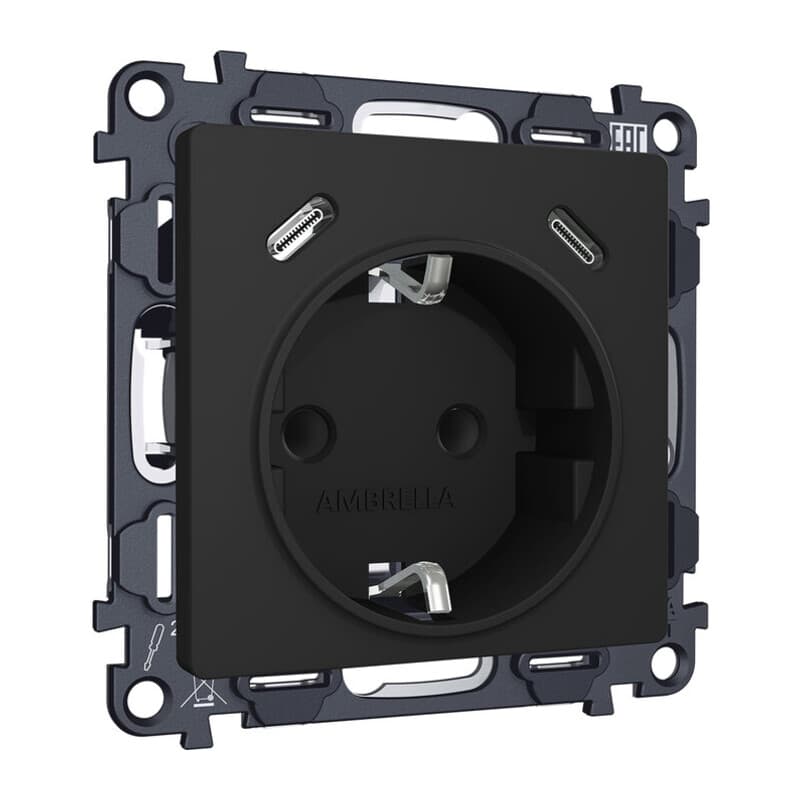 Комплект механизма электрической розетки 2USB С+C 20W с/з на винтовых зажимах 16A-250V ALFA Черный матовый QUANT (AP8105, VM165)