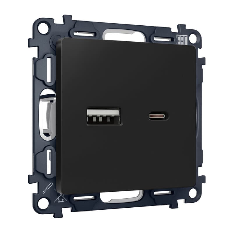 Комплект механизма розетки ALFA Черный матовый 2USB A+C 20W (быстрая зарядка) QUANT (AP8110, VM177)