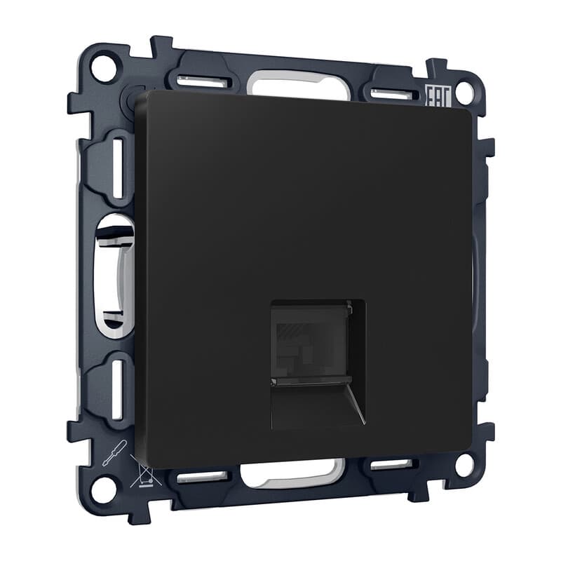 Комплект механизма компьютерной розетки ALFA Черный матовый RJ-45(8P8C) CAT6 с шторкой QUANT (AP8120, VM188)