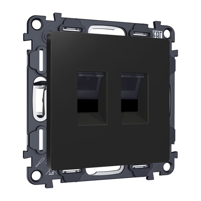 Комплект механизма компьютерной двойной розетки RJ-45 (8P8C) CAT6 с автоматической защитной шторкой ALFA Черный матовый QUANT (AP8121, VM189)