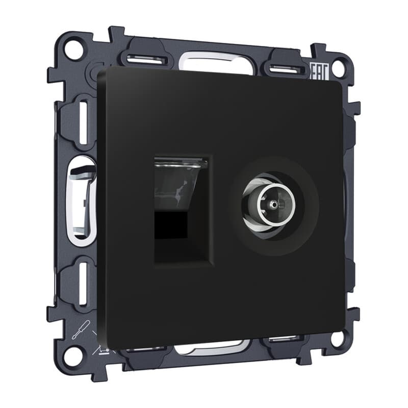 Комплект механизма розетки компьютерной + TV оконечной RJ-45 с автоматической защитной шторкой ALFA Черный матовый (AP8125, VM195)