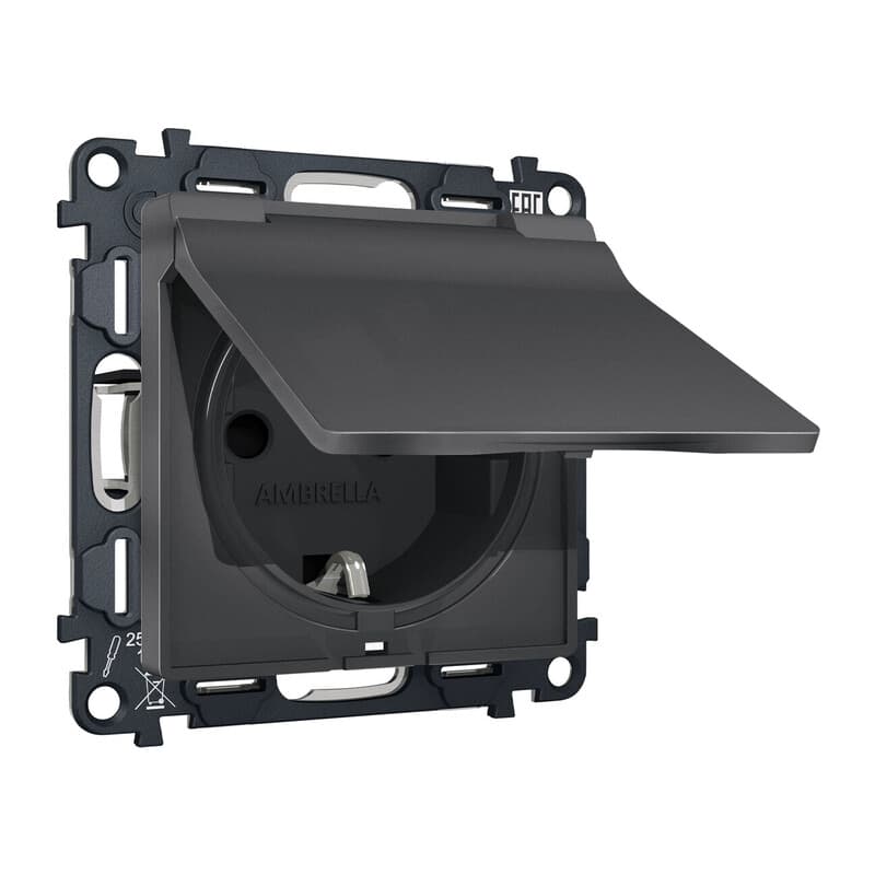 Комплект механизма электрической розетки ALFA Графит мягкое касание с/з с шторками и крышкой IP44 QUANT (AP9080, VM141)