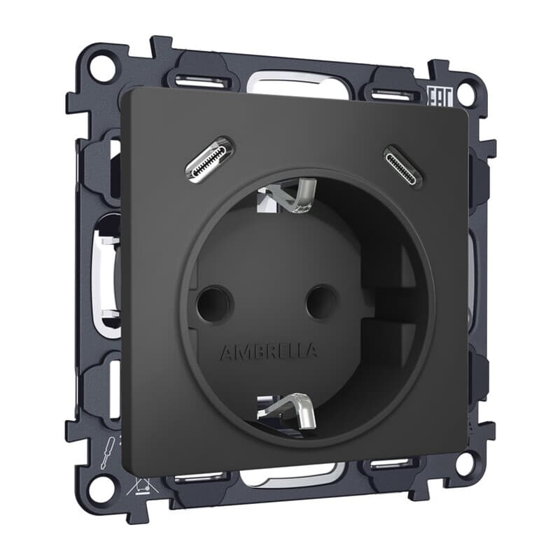 Комплект механизма электрической розетки 2USB С+C 20W с/з на винтовых зажимах 16A-250V ALFA Графит мягкое касание QUANT (AP9105, VM165)