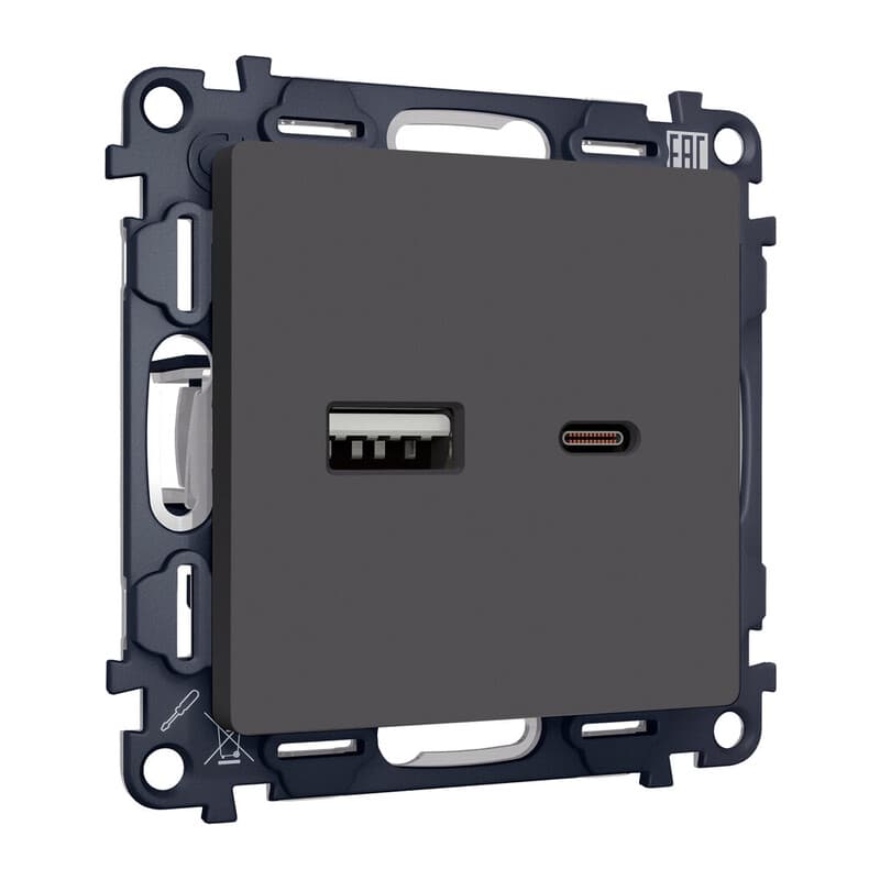 Комплект механизма розетки ALFA Графит мягкое касание 2USB A+C 20W (быстрая зарядка) QUANT (AP9110, VM177)