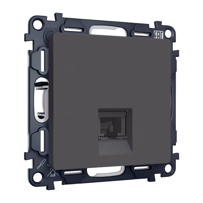 Комплект механизма компьютерной розетки ALFA Графит мягкое касание RJ-45(8P8C) CAT6 с шторкой QUANT (AP9120, VM188)