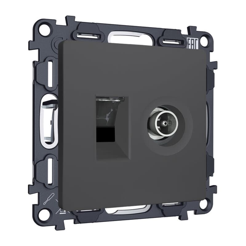 Комплект мех-ма розетки компьютерной + TV оконечной RJ-45 с автоматической защитной шторкой ALFA Графит мягкое касание QUANT (AP9125, VM195)