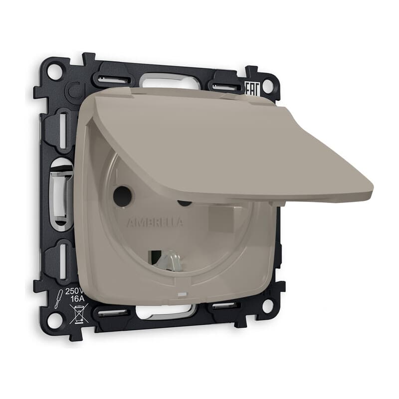 Комплект механизма электрической розетки OMEGA Серо-бежевый матовый с/з с шторками и крышкой IP44 QUANT (OP3680, VM141)