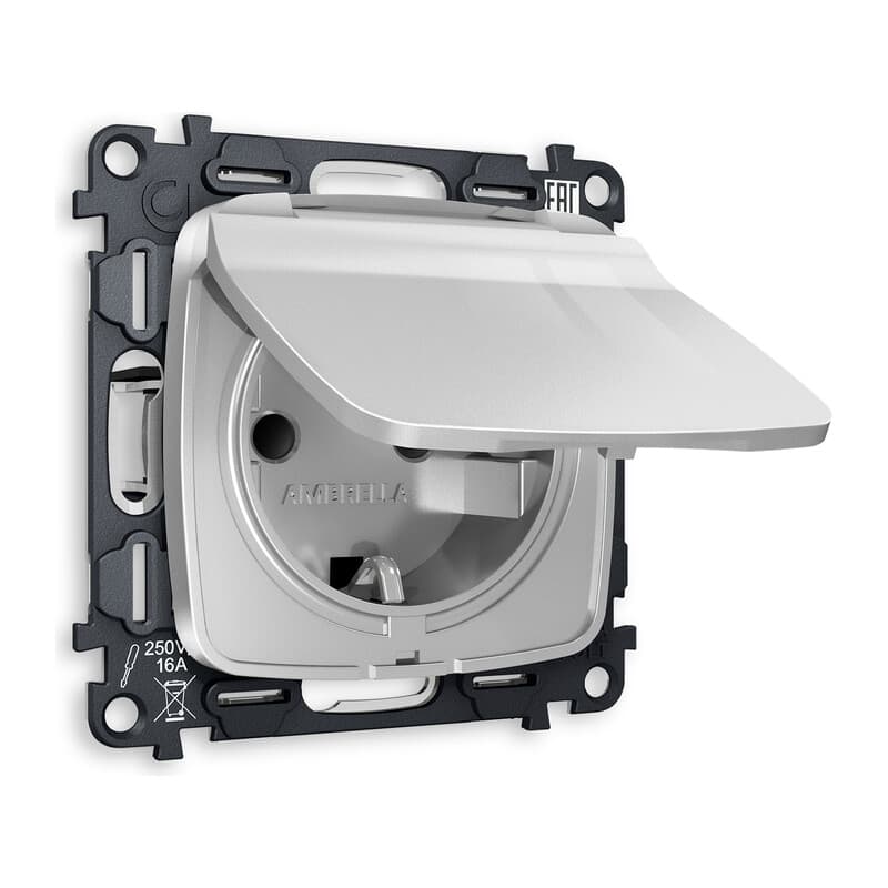 Комплект механизма электрической розетки OMEGA Серебро глянец с/з с шторками и крышкой IP44 QUANT (OP4080, VM141)