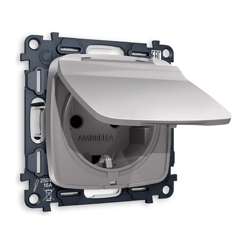 Комплект механизма электрической розетки OMEGA Сталь матовый с/з с шторками и крышкой IP44 QUANT (OP5080, VM141)