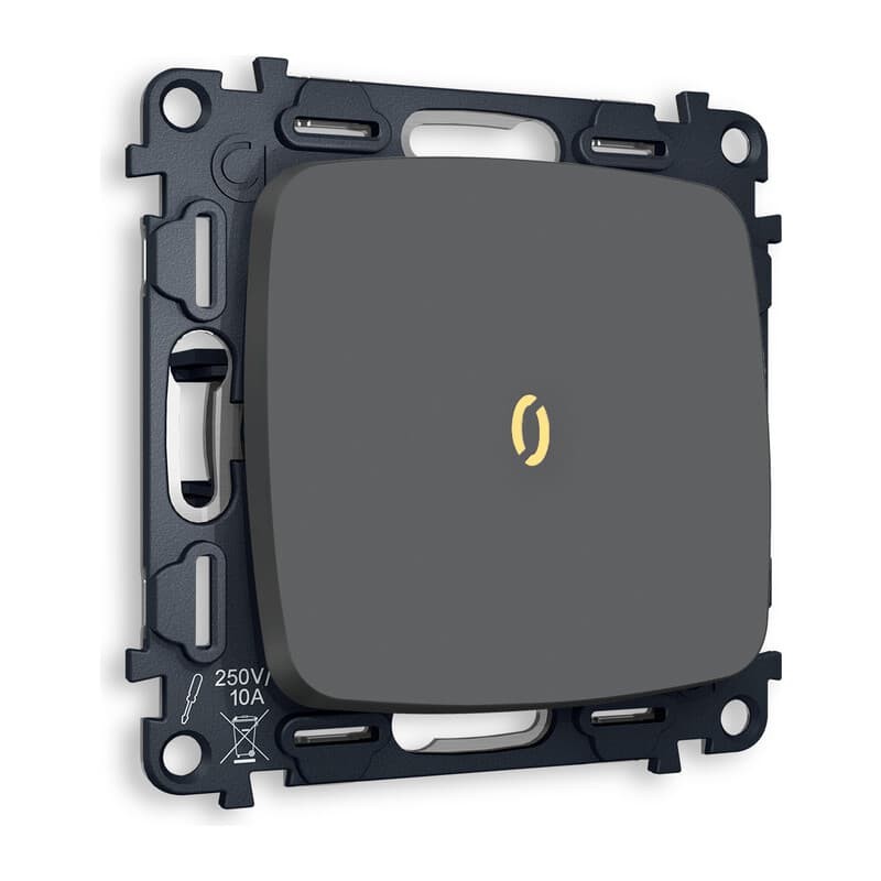 Комплект механизма 1-кл проходного выключателя с подсветкой 3200K OMEGA Графит мягкое касание QUANT (OP9020, VM105, G22Y)