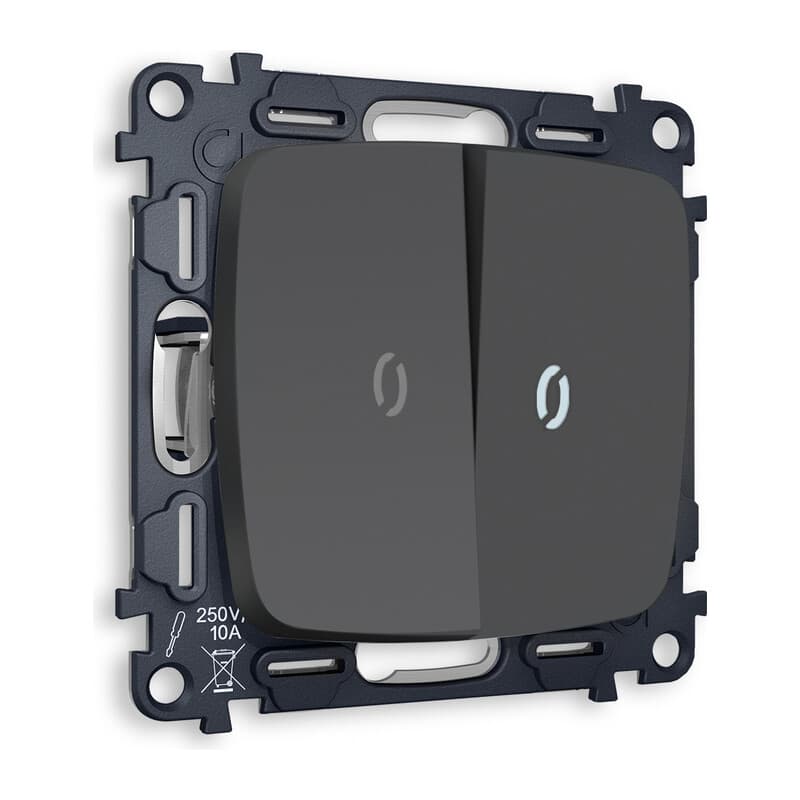 Комплект механизма 2-кл выключателя с подсветкой 5600K OMEGA Графит мягкое касание QUANT (OP9040, VM115, G14W)