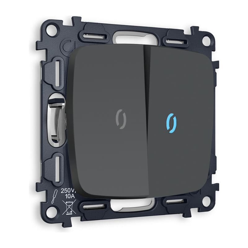 Комплект механизма 2-кл проходного выключателя с подсветкой 10000K OMEGA Графит мягкое касание QUANT (OP9040, VM120, G29B)