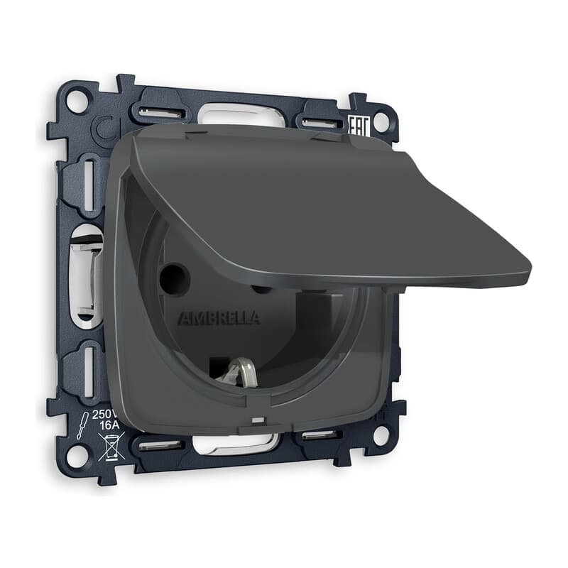 Комплект механизма электрической розетки OMEGA Графит мягкое касание с/з с шторками и крышкой IP44 QUANT (OP9080, VM141)