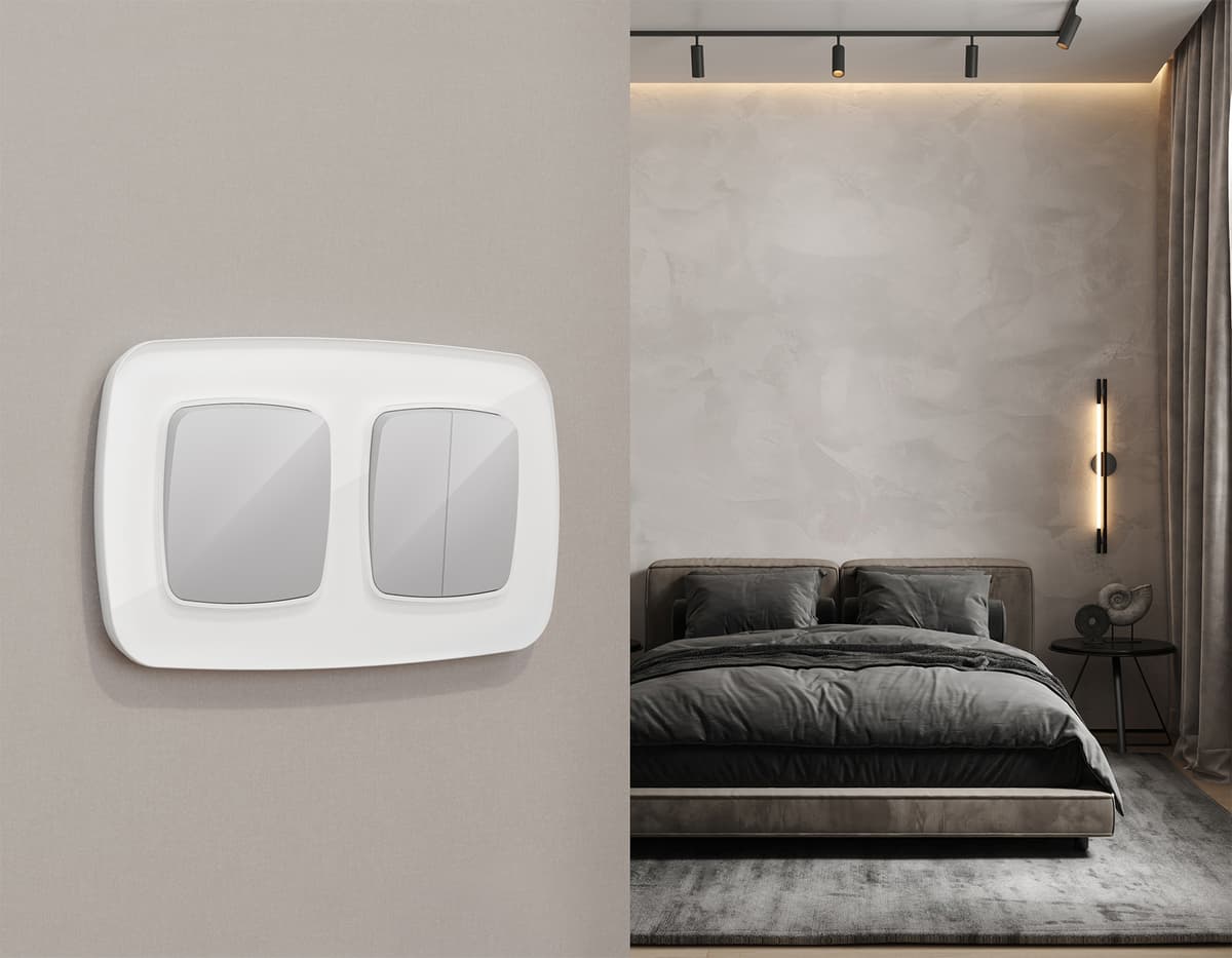 Комплект механизма 1-кл проходного выключателя OMEGA Серебро глянец QUANT (OP4010, VM105)